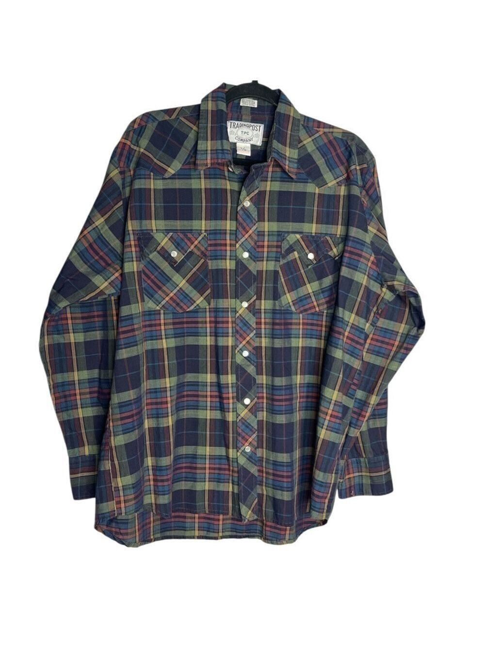 Vintage Trading Post Plaid Lightweight Long Sleeve Western Snap Button Shirt, L